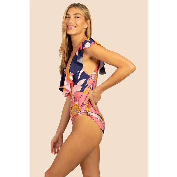 NEW Trina Turk Breeze Ruffle Plunge One Piece Swimsuit Floral Ruffled Size 6 - Picture 4 of 7